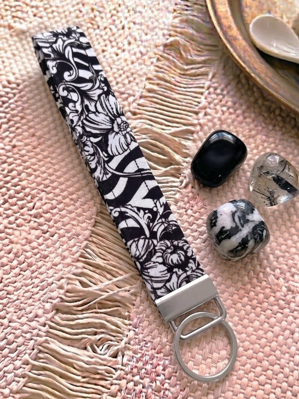 New Handmade Black White Damask Floral Scroll Fabric Key Fob Wristlet Keychain